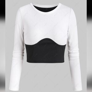 May Pink Rib-Knit Two Tone Underbust Seam Detail Crop Long Sleeve Tee Size Large